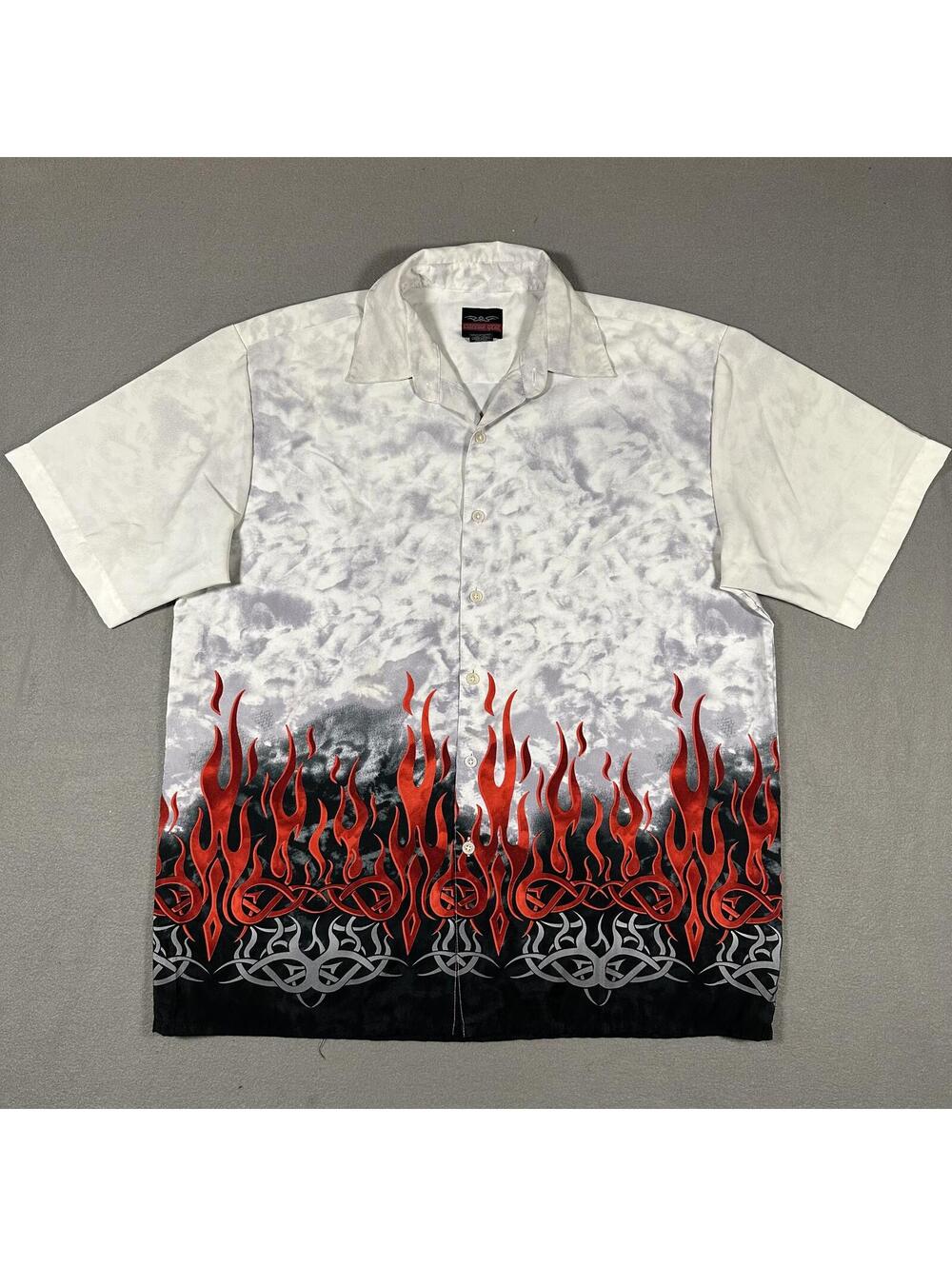 Y2K tribal flame aop button up shirt XL white black red